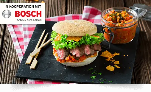 Flanksteak Burger mit Tomaten Salsa